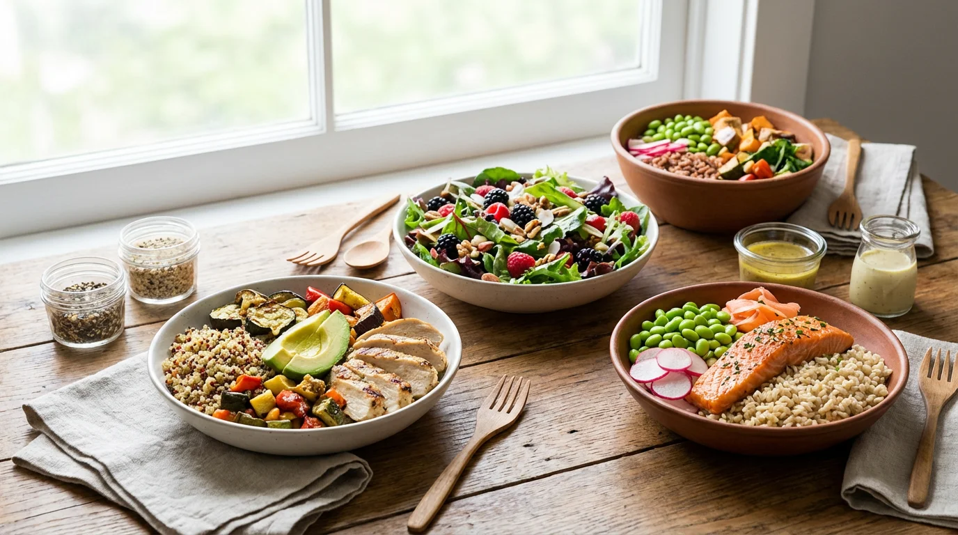 Färska färgglada matskålar på ett träbord