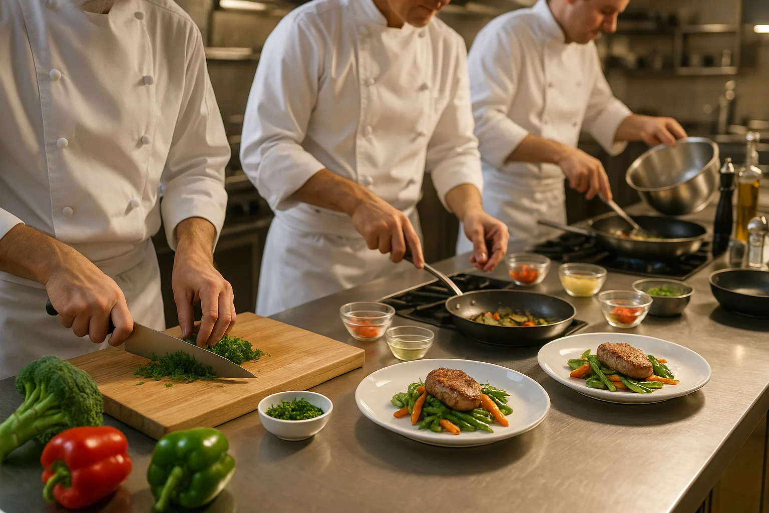 Professionellt kök med kockar som tillagar färska måltider