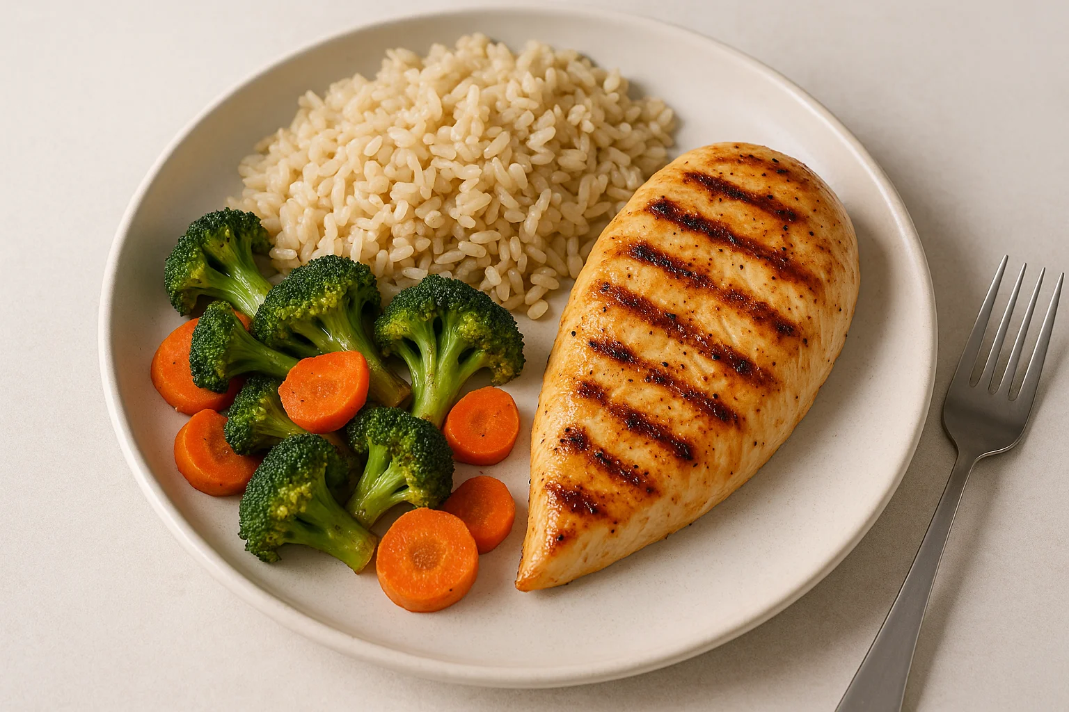 Balanserad måltid med kolhydrater, protein och grönsaker