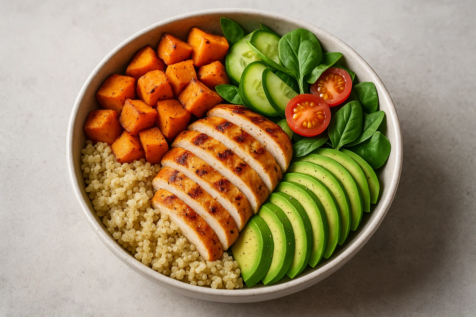 Energigivande måltid med quinoa, sötpotatis och protein