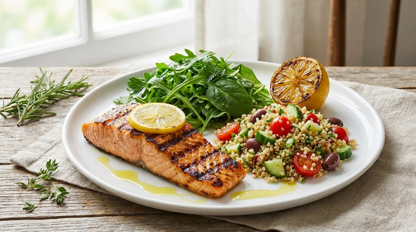 Hjärtvänlig måltid med lax, grönsaker och fullkorn