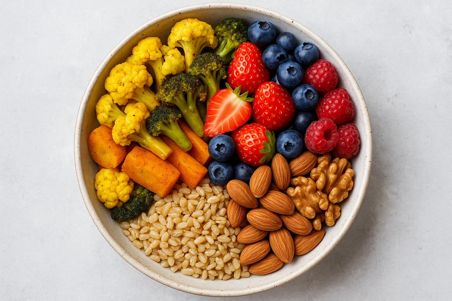 Färgstark måltid med gurkmeja, bär och grönsaker